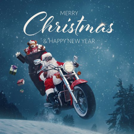 Cool Santa Claus rider on a motorbike and delivering gifts, Christmas greeting card