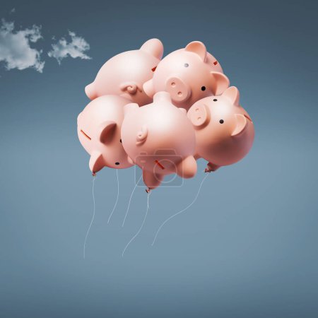 Photo for Balloon piggy banks flying away: inflation and high-risk investments concept - Royalty Free Image