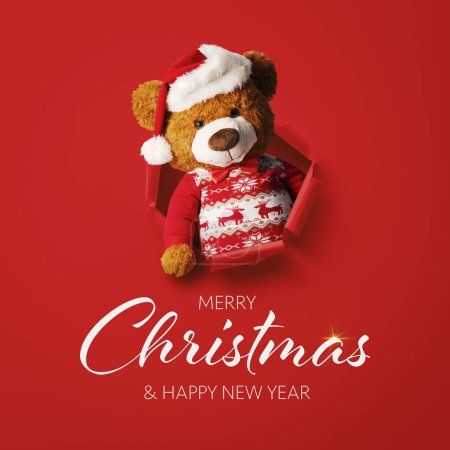 Téléchargez les photos : Mignon ours en peluche de Noël surgissant d'un trou dans le papier, carte de Noël avec souhaits - en image libre de droit