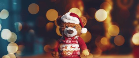 Foto de Lindo peluche oso plushie usando Navidad ropa y bokeh luces fondo - Imagen libre de derechos