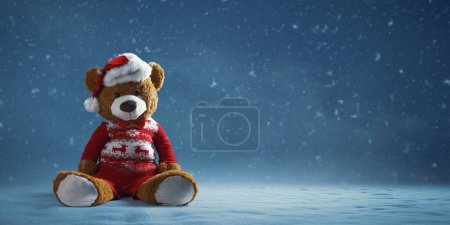 Téléchargez les photos : Ours en peluche de Noël mignon et chute de neige, bannière avec espace de copie - en image libre de droit