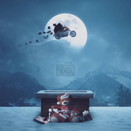 Téléchargez les photos : Père Noël non conventionnel en moto et volant dans le ciel nocturne la veille de Noël, il livre des cadeaux - en image libre de droit