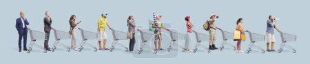 Photo for Collection of diverse people pushing a shopping cart and doing grocery shopping - Royalty Free Image