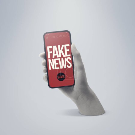 Foto de Mano de usuario mostrando un smartphone con noticias falsas en la pantalla - Imagen libre de derechos