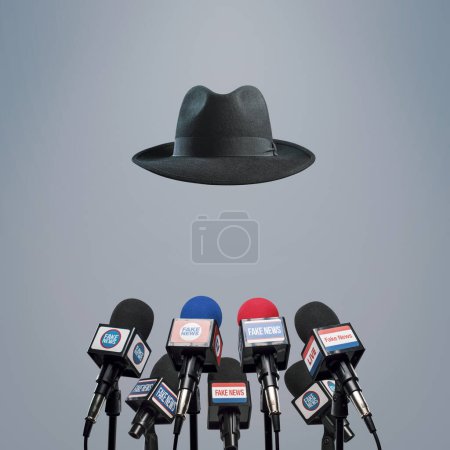 Photo for Microphones prepared for the press conference and invisible anonymous speaker: fake news, disinformation and propaganda concept - Royalty Free Image