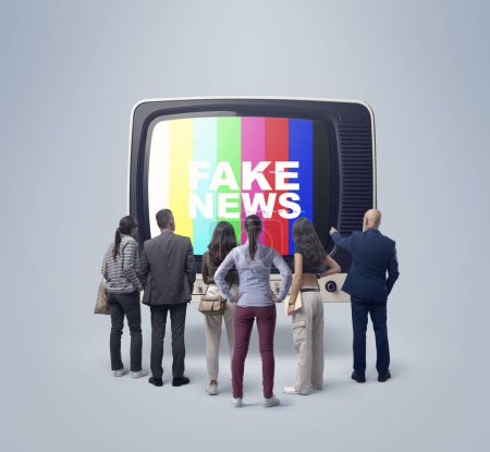 Group of people watching fake news on TV, they are standing in front of an old television and looking at the screen