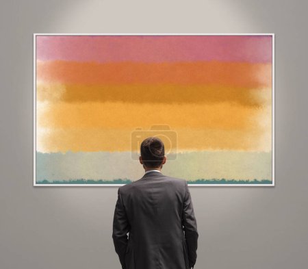 Photo for Man in the art gallery looking at paintings, abstract contemporary art concept - Royalty Free Image