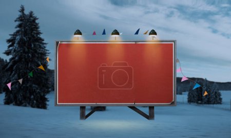 Photo for Billboard sign with blank grungy poster and wintry landscape in the background, marketing and communication concept - Royalty Free Image