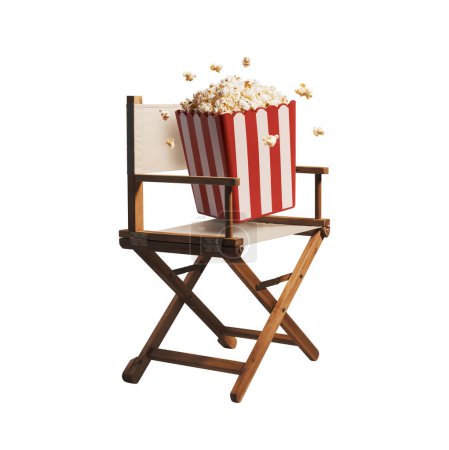 Téléchargez les photos : Chaise de réalisateur et pop-corn frais : concept de cinématographie, de cinéma et de divertissement - en image libre de droit