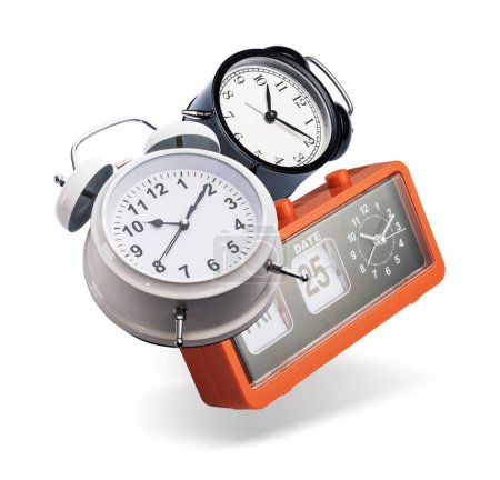 Foto de Muchos relojes de alarma vintage sonando, tiempo y plazos concepto - Imagen libre de derechos