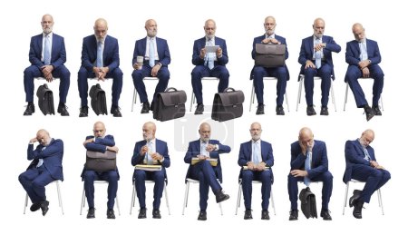 Téléchargez les photos : Homme d'affaires assis sur une chaise et attendant un entretien d'embauche ou une réunion, ensemble de portraits collage - en image libre de droit