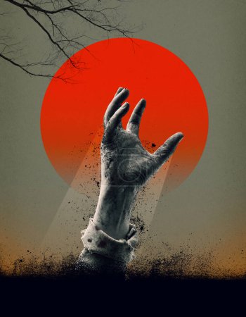 Photo for Scary zombie hand coming out of the ground, creative poster with copy space - Royalty Free Image