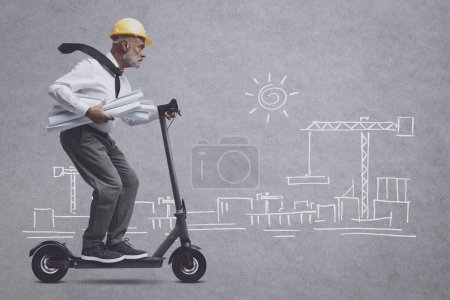 Photo for Engineer with safety helmet riding an electric scooter, sketched construction site in the background - Royalty Free Image