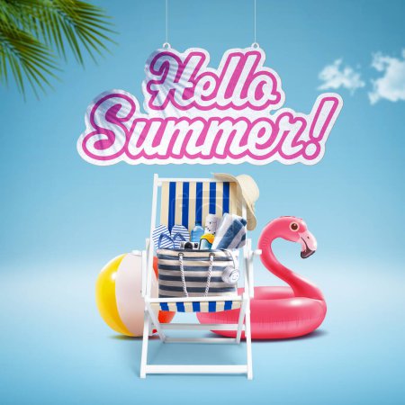 Téléchargez les photos : Chaise longue et accessoires de plage colorés : concept été et vacances - en image libre de droit