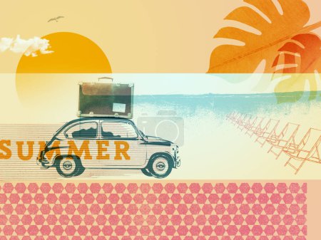 Foto de Summer vacations retro style collage with vintage car and beach - Imagen libre de derechos