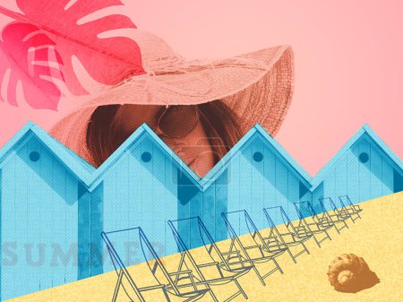 Foto de Vacaciones de verano en la playa, collage cartel vintage con hermosas cabañas de mujer joven retrato y playa - Imagen libre de derechos