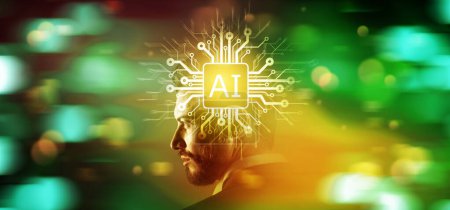 Téléchargez les photos : Puce IA sur le chef d'entreprise : Intelligence artificielle, Big Data et concept technologique - en image libre de droit
