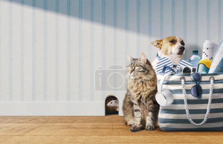 Photo for Ready beach bag and domestic animals: the owner is going on summer vacation with his pets - Royalty Free Image