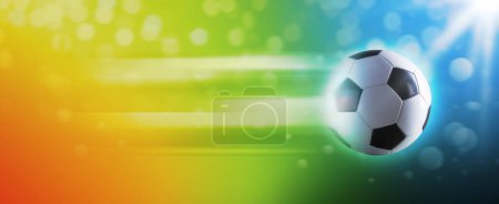 Photo for Fast football ball on rainbow background, football championship banner - Royalty Free Image