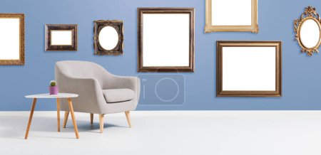 Photo for Contemporary living room interior with collection of empty frames hanging on the wall - Royalty Free Image