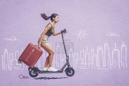 Photo for Young traveller woman carrying a suitcase and riding an electric scooter, sketched cityscape in the background, smart mobility concept - Royalty Free Image