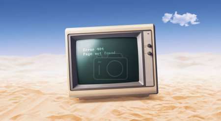 Téléchargez les photos : Ordinateur vintage perdu dans le désert et page introuvable message à l'écran - en image libre de droit