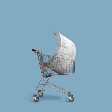 Big heavy grocery receipt in a shopping cart: inflation, prices rise and budgeting concept