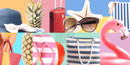 Photo for Collage of colorful pastel beach accessories and summer vacation items - Royalty Free Image
