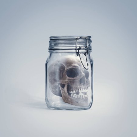 Photo for Creepy old human skull enclosed in a glass jar, horror and mystery concept - Royalty Free Image