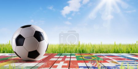 Photo for International flags on a wooden walkway and football ball: football world cup championship concept - Royalty Free Image