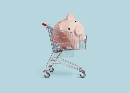 Photo for Piggy bank in a shopping cart, investments and budgeting concept - Royalty Free Image