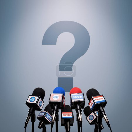 Photo for Microphones prepared for the press conference and mic flags displaying fake news logos, big question mark in the background: fake news, propaganda and disinformation concept - Royalty Free Image