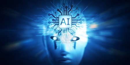 Foto de Robot humanoide y chip AI, concepto de inteligencia artificial - Imagen libre de derechos