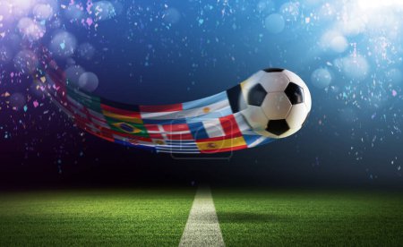Téléchargez les photos : Ballon de football, drapeaux internationaux au stade et confettis tombant : célébration de la compétition de coupe du monde - en image libre de droit