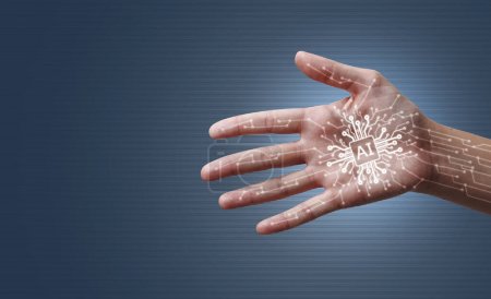 KI-Chip auf menschlicher Hand, Konzept der künstlichen Intelligenz, Kopierraum
