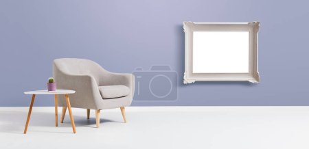 Foto de Interior contemporáneo de la sala de estar con marco blanco en blanco colgando de la pared - Imagen libre de derechos
