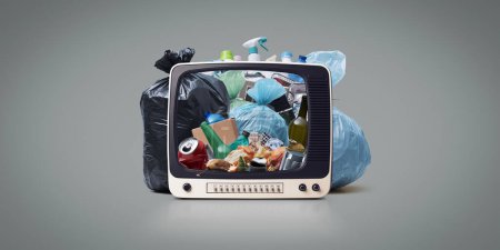 Photo for Garbage inside a vintage TV screen: trash and bad TV shows concept - Royalty Free Image