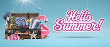 Photo for Vintage suitcase and colorful beach accessories, summer vacations concept, hello summer sign hanging, copy space - Royalty Free Image