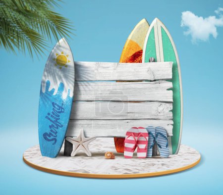 Foto de Antiguo cartel de madera en la playa, tablas de surf y accesorios de playa, vacaciones de verano en el concepto de playa - Imagen libre de derechos