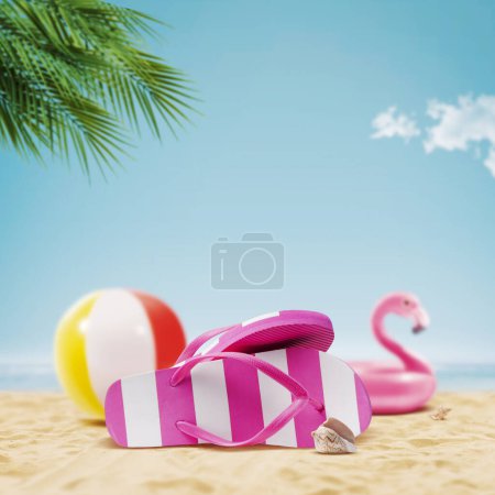 Téléchargez les photos : Accessoires de plage sur le sable : concept vacances d'été - en image libre de droit