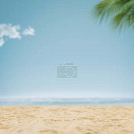 Foto de Fondo de playa tropical soleado con palmeras, arena y olas del océano - Imagen libre de derechos