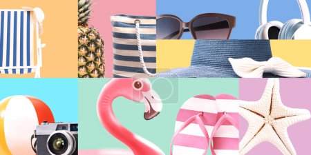Téléchargez les photos : Collage d'accessoires de plage pastel colorés et d'articles de vacances d'été - en image libre de droit