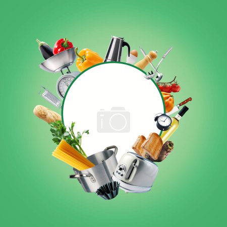 Photo for Blank label surrounded by kitchen utensils and healthy fresh food: creative cooking concept - Royalty Free Image