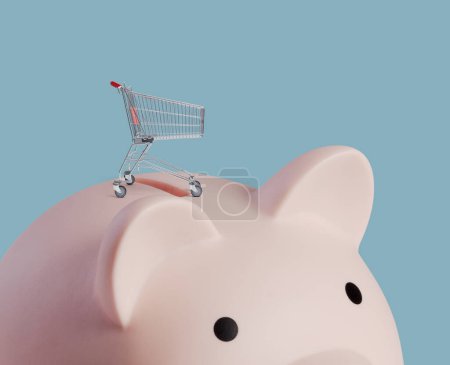 Photo for Small shopping cart on a huge piggy bank, grocery shopping and saving money concept - Royalty Free Image