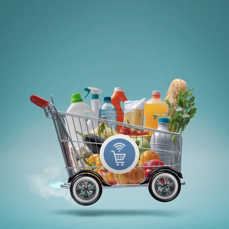 Foto de Carro de compras turbo rápido entrega de comestibles, compras en línea y concepto de entrega urgente - Imagen libre de derechos