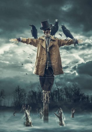 Photo for Creepy evil scarecrow with skull head and zombie hands coming out from their graves, horror concept - Royalty Free Image