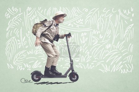 Photo for Vintage style explorer riding an e-scooter and sketched jungle in the background - Royalty Free Image