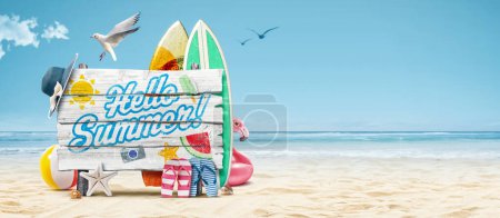 Photo for Old wooden sign on the beach, seagull, surfboards and beach accessories: summer vacations concept - Royalty Free Image