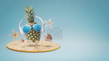Photo for Funny pineapple wearing headphones and sunglasses at the tropical beach, summer vacations and party concept, copy space - Royalty Free Image