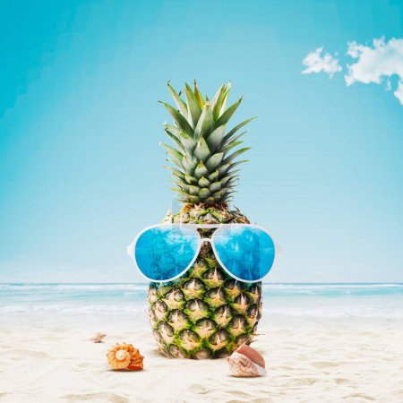 Téléchargez les photos : Funny pineapple with sunglasses sunbathing at the beach, summer vacations concept, copy space - en image libre de droit